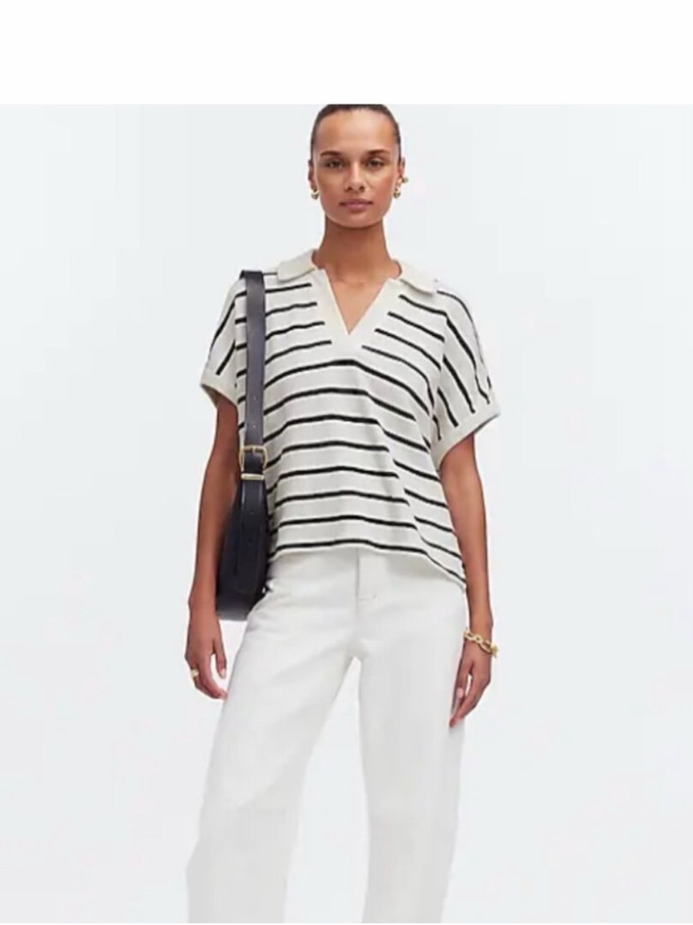 Madewell Relaxed V-Neck Polo Shirt in Stripe Black and White Striped